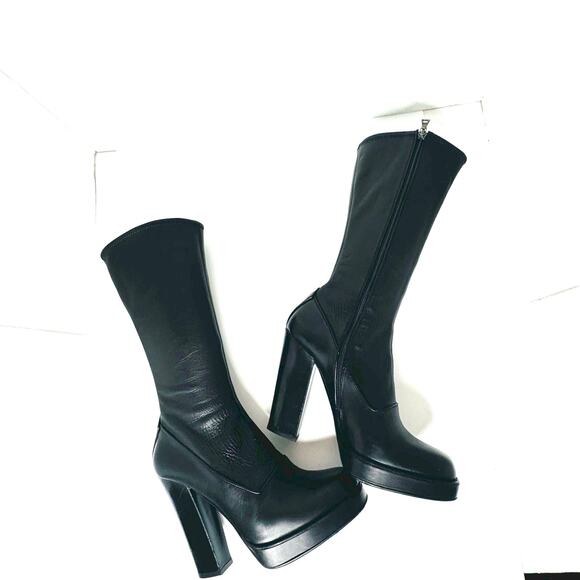 Prada Vintage Black Leather Sock Boots Size 38.5 High Block Heel Stretch Shaft - Picture 8 of 12